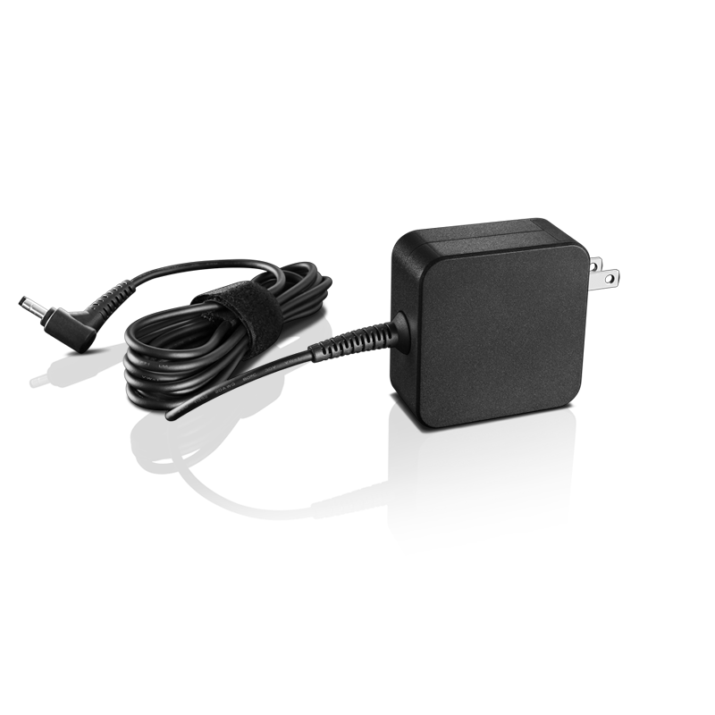 Black Lenovo power adapter with a rectangular body, featuring a detachable cable and plug for indoor use, designed for compatibility with Lenovo devices.