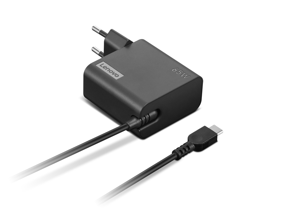 Black Lenovo power adapter with a compact design, featuring a two-prong plug and a USB-C output cable, labeled with "65 W" for power specifications.