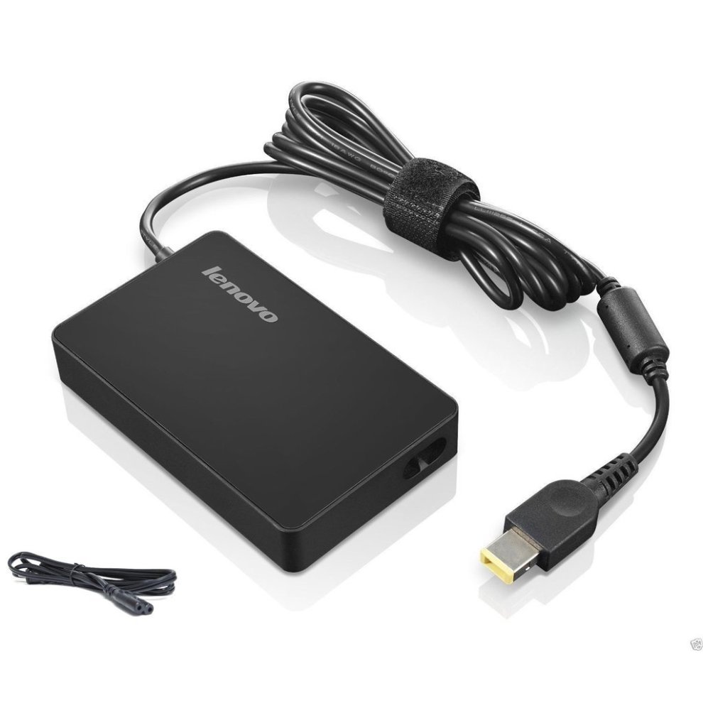 Lenovo ThinkPad 65W Slim AC Power Adapter in black, featuring a sleek design, a long cable with a Velcro strap, and a USB connector for easy charging.