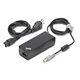 Lenovo ThinkPad 90W AC adapter in black with a rectangular design, featuring a power cable and a connector cable for charging laptops indoors.