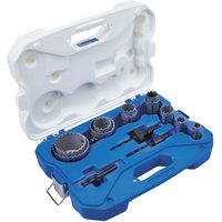 Blue and white Lenox 13 piece hole saw set with carbide tips in a plastic carrying case.