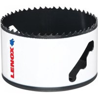 White Lenox bi-metal holesaw, 86mm diameter, with jagged cutting edge and blue logo on the side.
