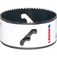 White Lenox bi-metal holesaw, 108mm, with jagged cutting edge and brand logo in red and blue.