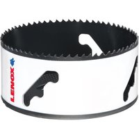 White Lenox bi-metal holesaw 111mm with jagged edge and red logo on side.
