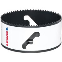 White Lenox bi-metal holesaw with jagged edge and red logo, 114mm diameter.