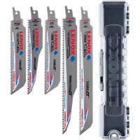 Lenox 5-piece metal cutting saw blade set with carbide tips, silver blades with red and blue branding, black case.