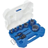 Lenox 8 piece hole saw set with blue case, includes bi-metal carbide tip saws and arbors, white lid.