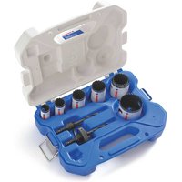 Blue and white Lenox 9 Piece Contractors Hole Saw Set in a plastic case with multiple saw sizes and arbors.