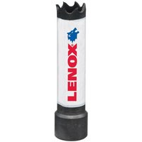 White Lenox bi-metal holesaw 14mm with red logo and jagged black cutting edge.