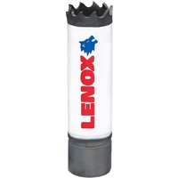 White Lenox bi-metal holesaw, 17mm, with red logo and jagged cutting edge.
