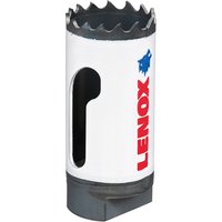 White Lenox bi-metal holesaw with 27mm diameter, featuring jagged teeth and blue logo on side.