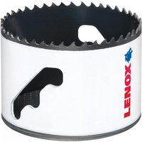White Lenox bi-metal holesaw, 73mm, with sharp teeth and blue logo, red text on side.