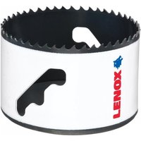 White Lenox bi-metal holesaw, 79mm, with jagged cutting edge and blue logo on side.