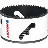 White Lenox bi-metal holesaw, 92mm diameter, with jagged cutting edge and blue logo on the side.