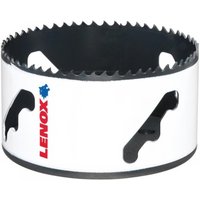 White Lenox bi-metal holesaw, 95mm diameter, with jagged teeth and blue logo on the side.