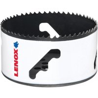 White Lenox bi-metal holesaw, 102mm, with sharp black teeth and blue logo on the side.