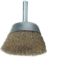 Lessmann 0.25 brass wire cup brush with metallic handle and dense bristles for DIY cleaning tasks.