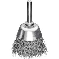 Steel wire cup brush with a cylindrical shank and dense bristles, suitable for cleaning and surface preparation.