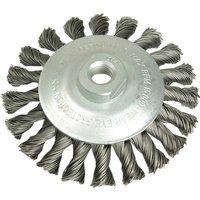 Steel wire conical knot brush with twisted bristles and central threaded hole, by Lessmann.