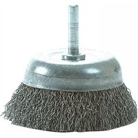 Steel wire cup brush with shank, 75mm diameter, silver metal top, dense bristles for DIY use.