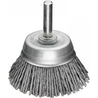Lessmann 75mm cup brush with gray nylon bristles and a silver metal base with a central mounting shaft.