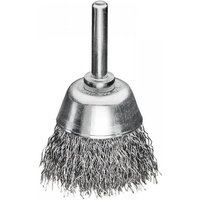 Steel wire Lessmann cup brush with shank, 50mm diameter, 20mm height, metallic finish.