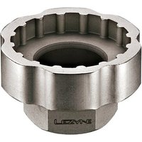 "Silver Lezyne external BB socket tool with grooved edges for 3/8 inch socket driver"