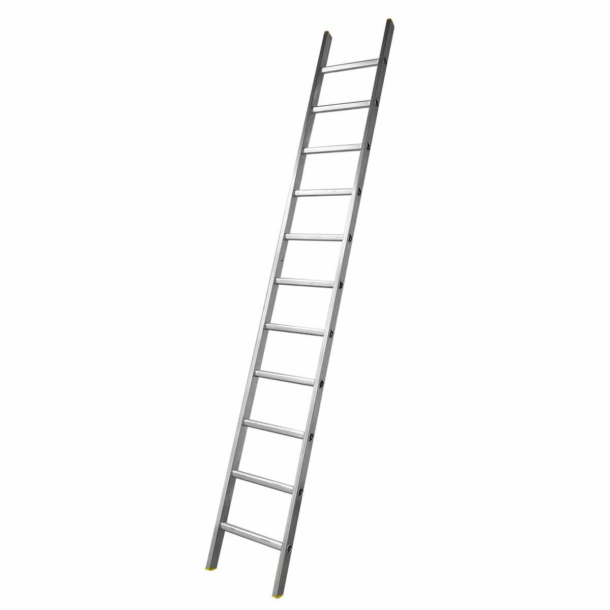 Silver aluminum ladder with 19 rungs, standing 5 meters tall, featuring a sturdy design and rubber feet for stability.