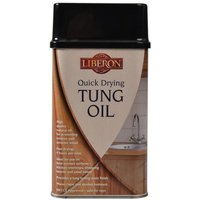 Liberon Tung Oil Quick Dry 500ml, beige label with red logo, black cap, kitchen counter image.