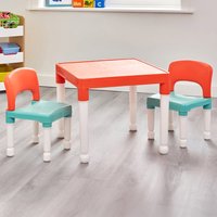 Orange and green plastic table with two matching chairs, featuring white legs and a square tabletop.