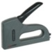 Light-duty staple gun in gray plastic with a black handle, featuring a trigger mechanism and a staple loading area on the side, designed for easy use in various projects.