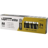 Lighthouse AA alkaline batteries, 2400 mAh, black and gold design, pack of 24 in white and gold box.