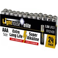 Pack of 24 Lighthouse AAA alkaline batteries, silver with black and yellow branding, 1.5V LR03, extra long life.