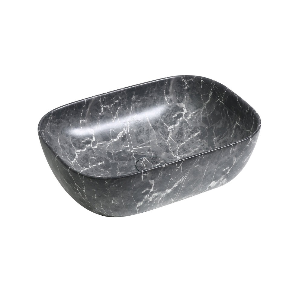 Ceramic oblong countertop basin in a black marble effect, featuring smooth curves and a glossy finish with white veining for a modern, elegant look.