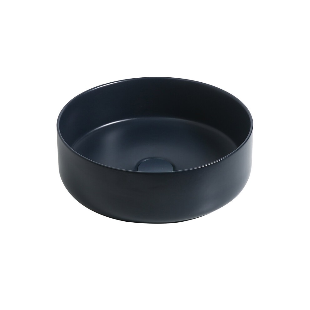 Dark blue ceramic round countertop basin with a smooth finish and a central drain hole, designed for elegant bathroom or kitchen use.
