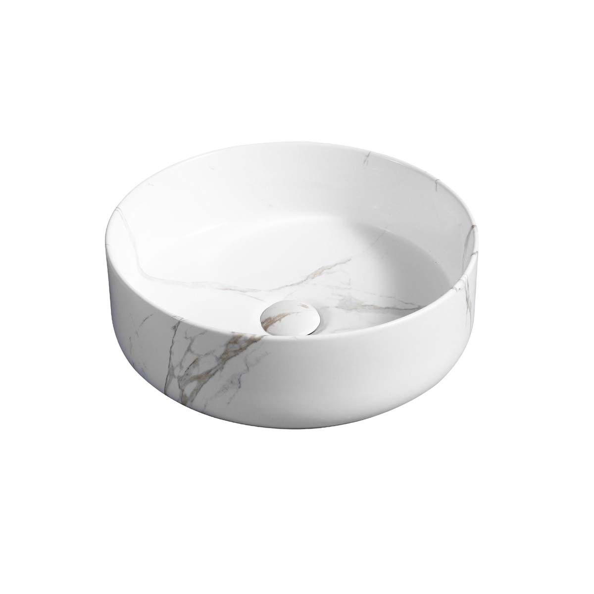 Round countertop basin in white ceramic with a marble finish, featuring subtle gray veining and a central drain hole.