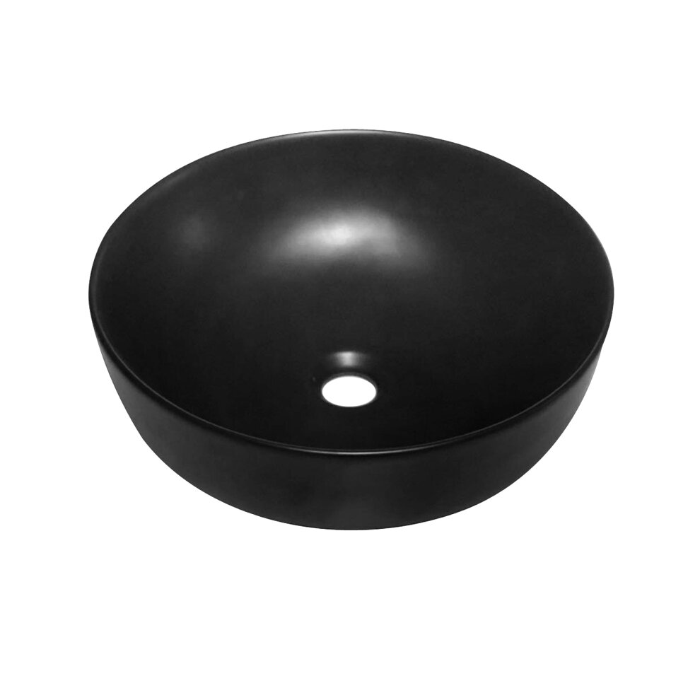 Round black ceramic countertop basin with a smooth finish and a central drain hole, showcasing a sleek and modern design suitable for various styles.