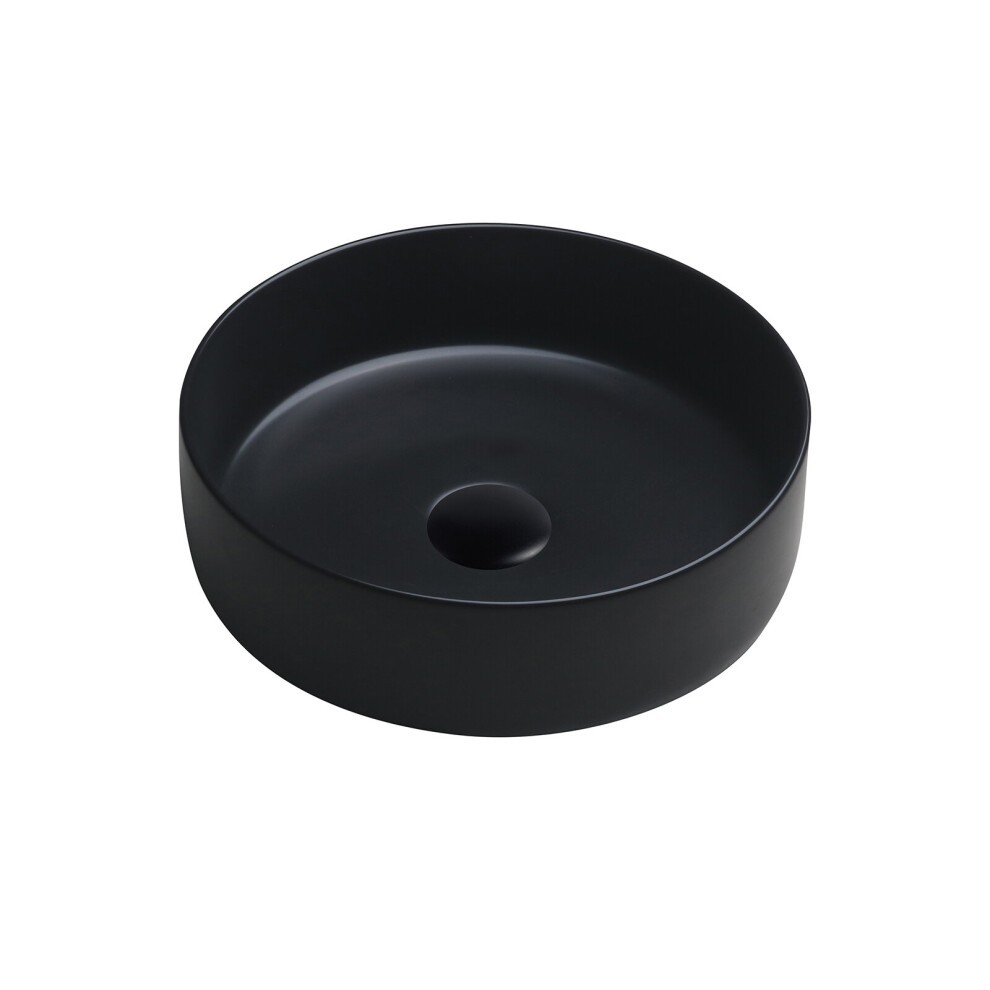 Matte black ceramic round countertop basin featuring a smooth, minimalist design with a central drain hole, ideal for modern bathroom aesthetics.