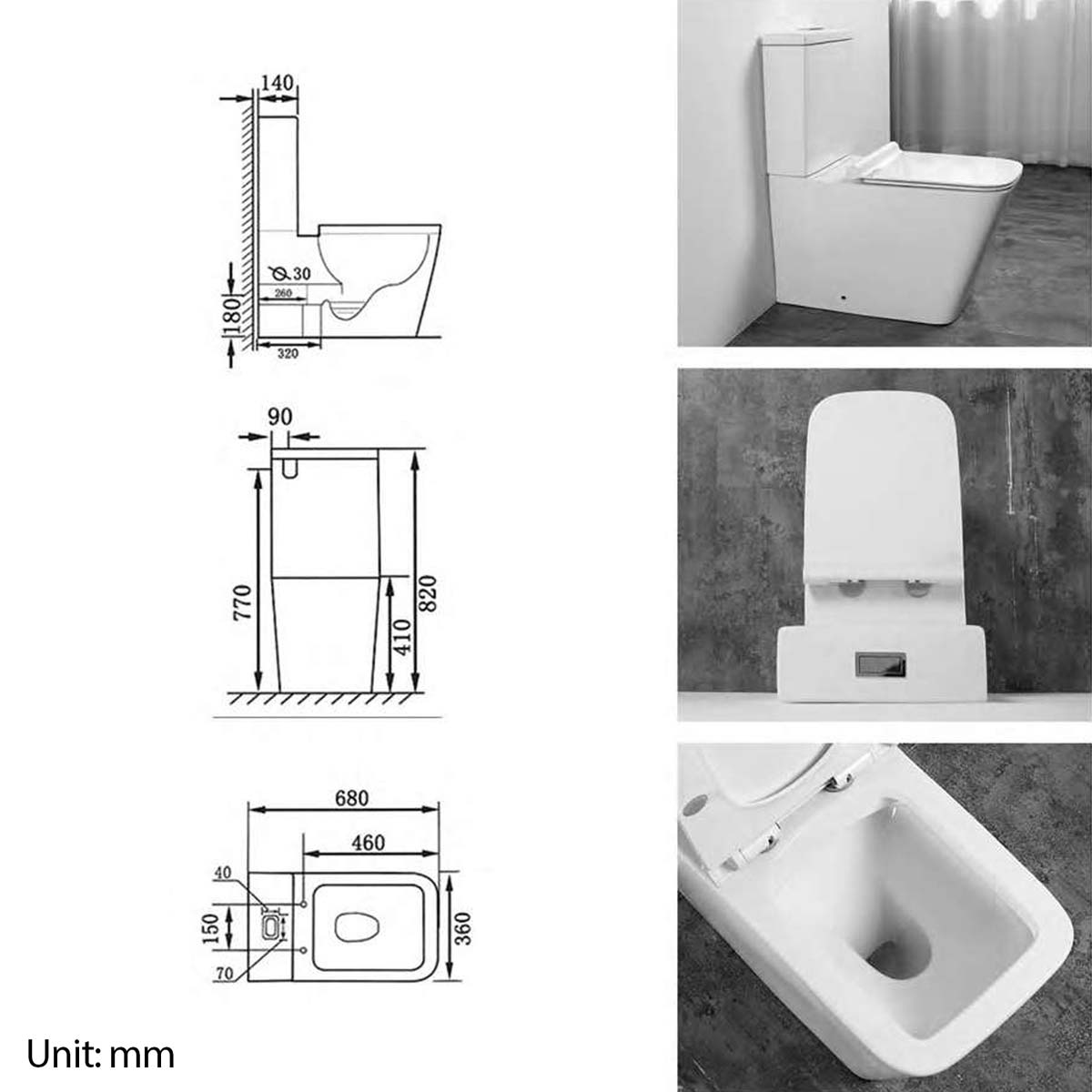 White ceramic Medellin close-coupled toilet by Limoge, featuring a sleek design, integrated tank, and modern lines, with detailed dimensions provided in millimeters.