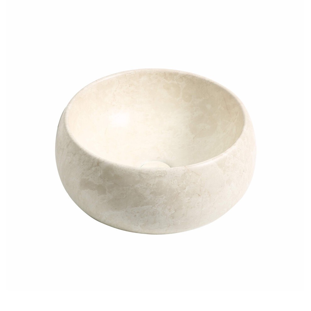 Ceramic domed round countertop basin in a stone effect, featuring a smooth, light beige surface with a subtle marbled texture and a central drain hole.
