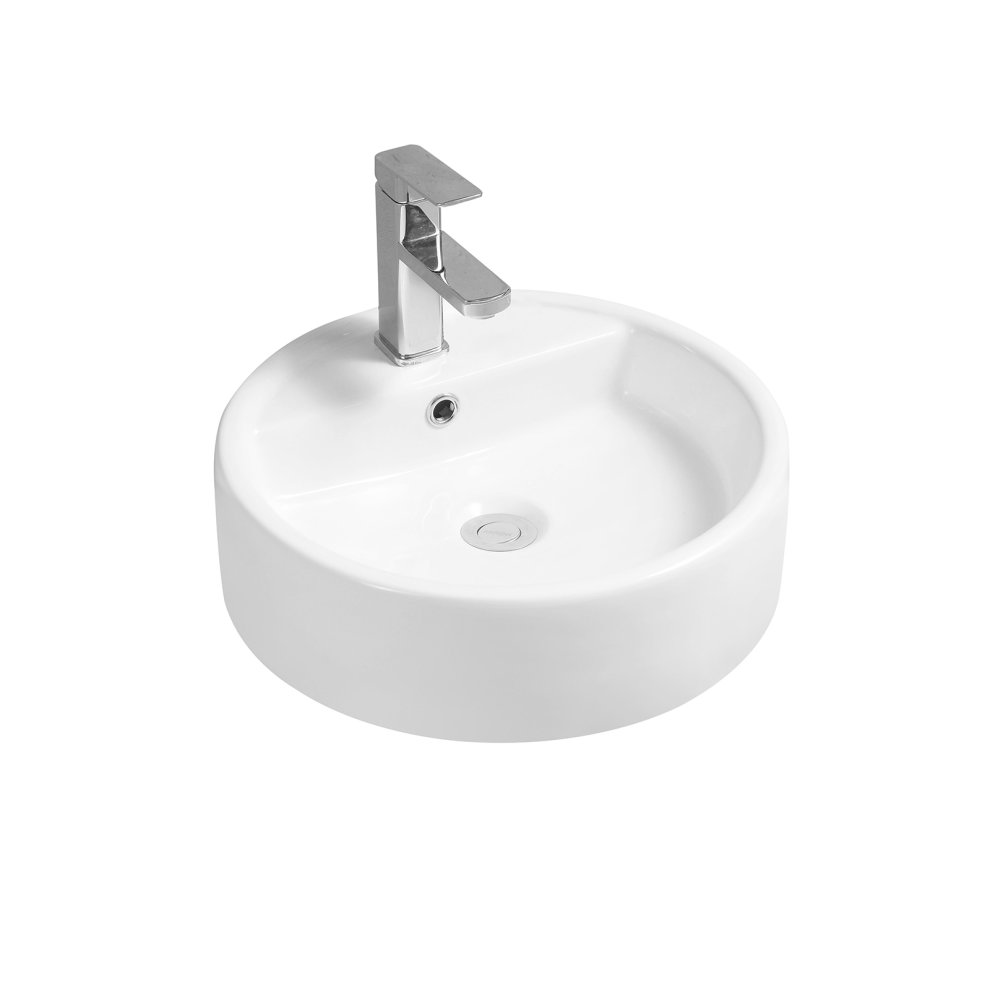 Round white ceramic countertop basin with a smooth surface, featuring a sleek chrome faucet and a central drain hole.