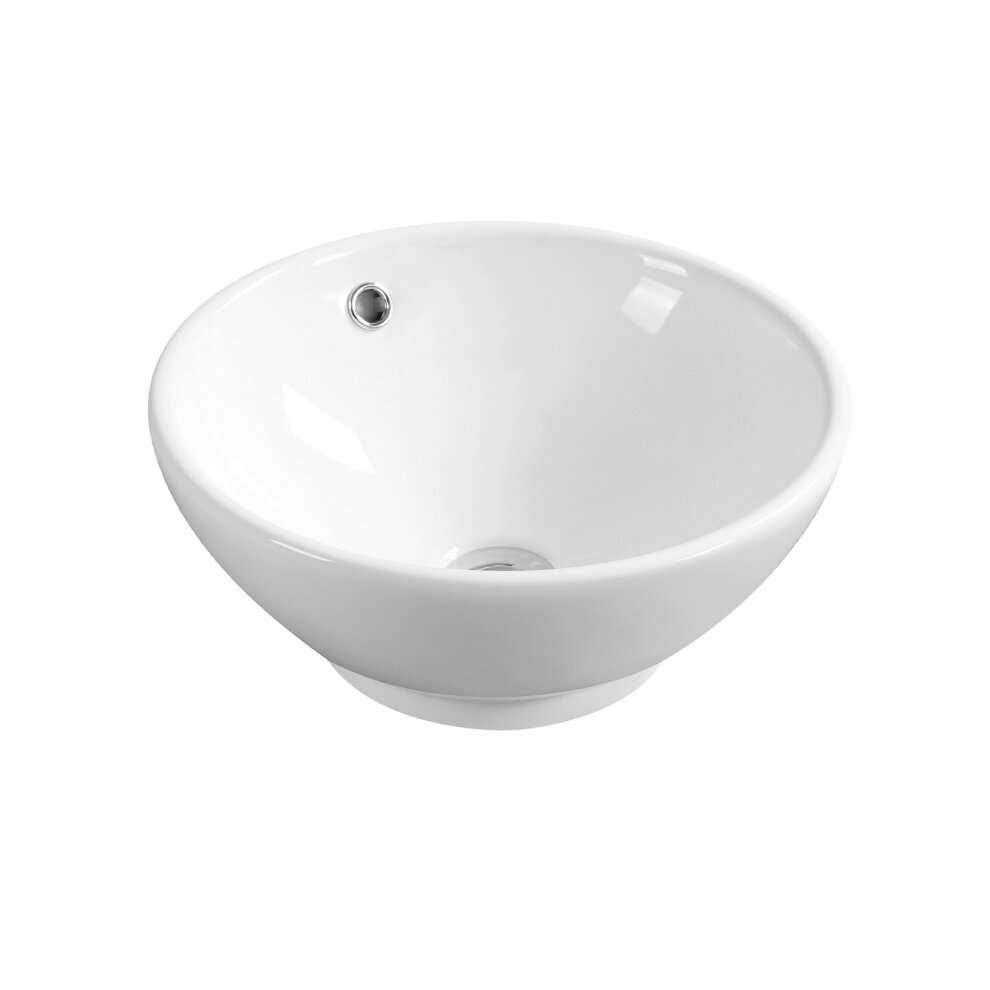White ceramic countertop basin with a smooth, glossy finish, featuring a round shape, coned design, and a single faucet hole.
