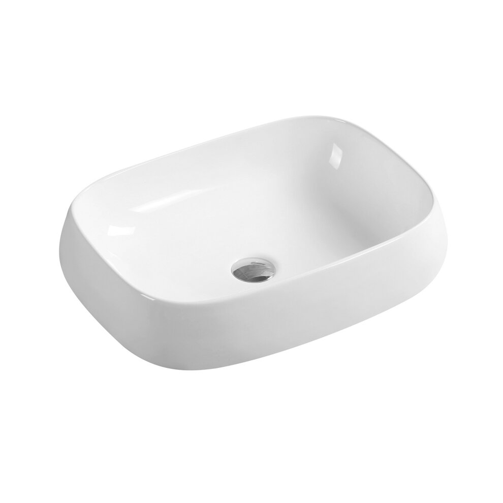 White ceramic oblong countertop basin with smooth edges, featuring a centered drain hole, available in various sizes and styles.