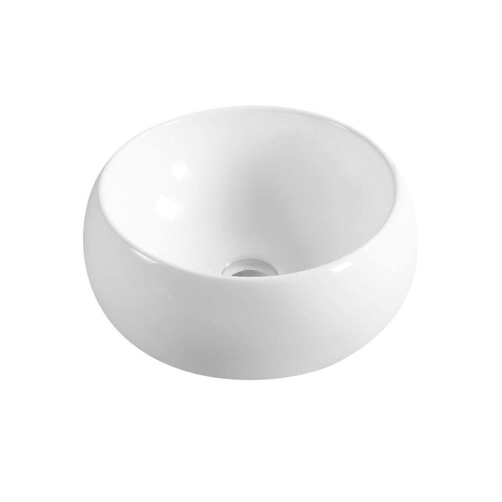 Glossy white ceramic countertop basin with a smooth, rounded design, featuring a central drain hole, suitable for various bathroom styles.