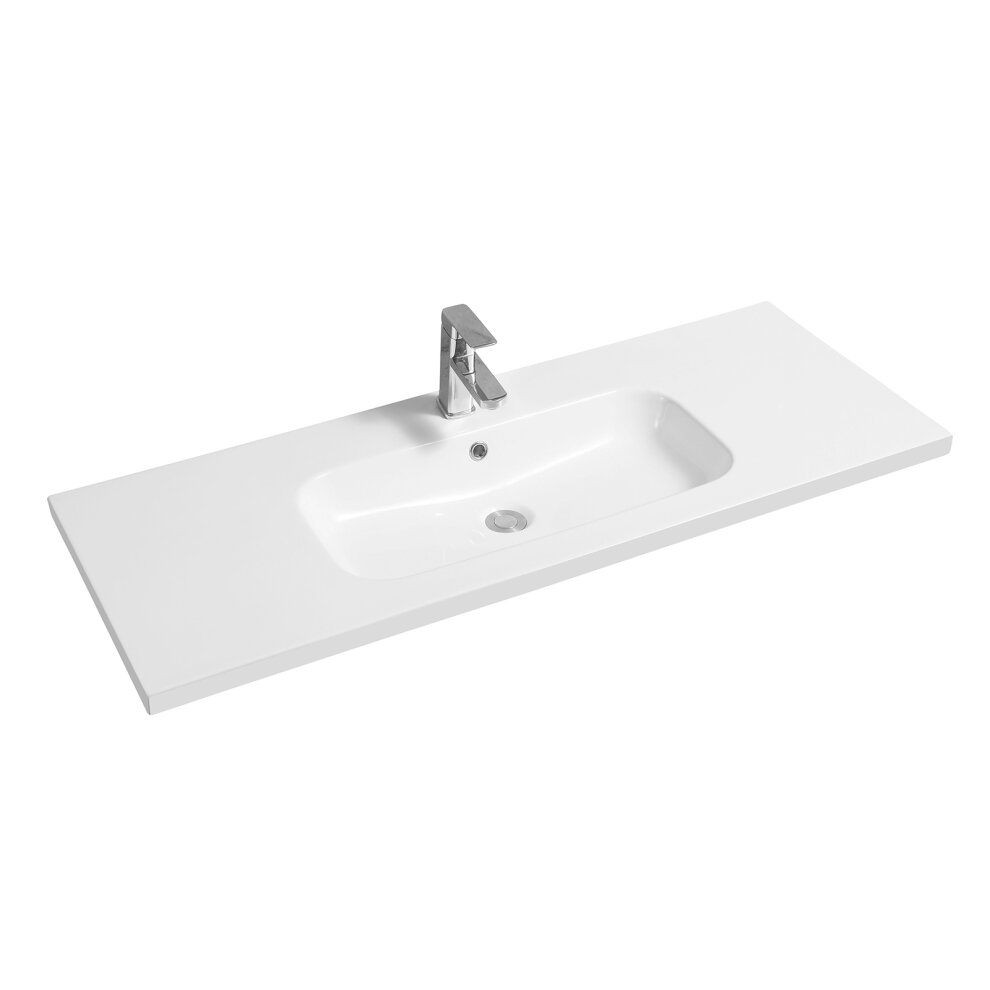 White ceramic inset basin with an oval shape, featuring a smooth surface, mid-edge design, and a central faucet hole, complemented by a sleek chrome faucet.