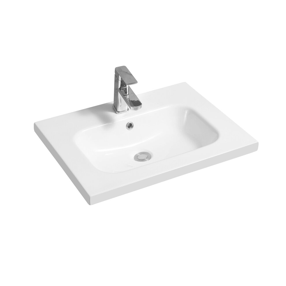 White ceramic inset basin with a smooth oval shape, mid-edge design, and a sleek chrome faucet, suitable for various bathroom styles.