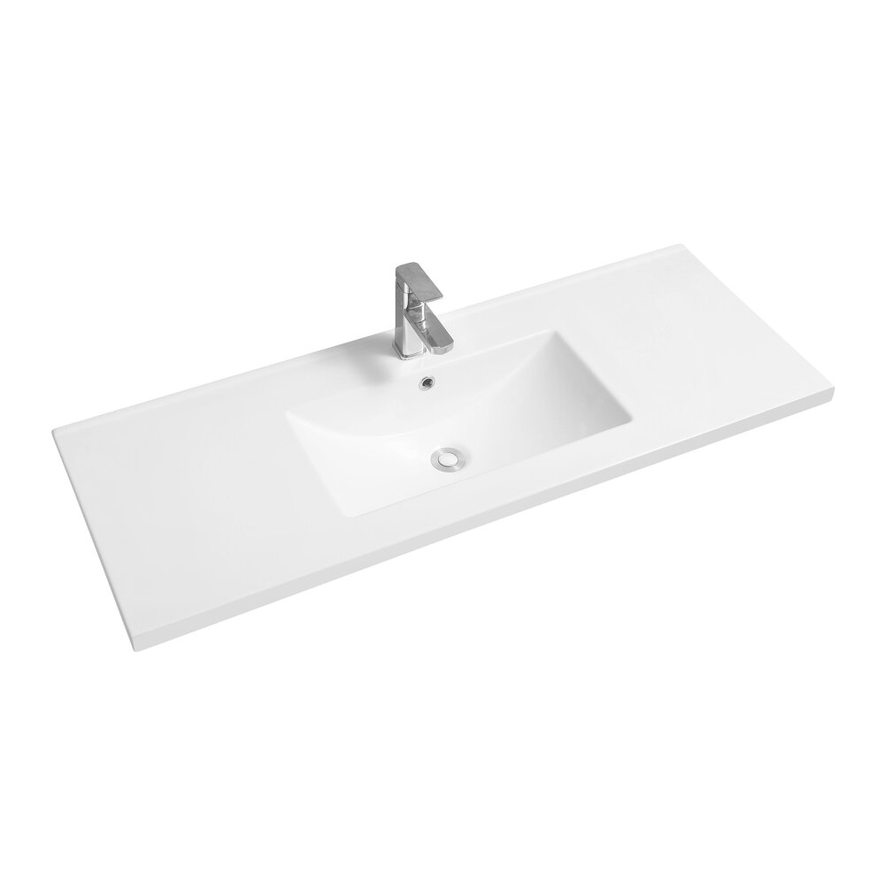 Sleek white ceramic inset basin with a scooped design, featuring a central rectangular sink and a smooth, wide countertop, complemented by a modern chrome faucet.