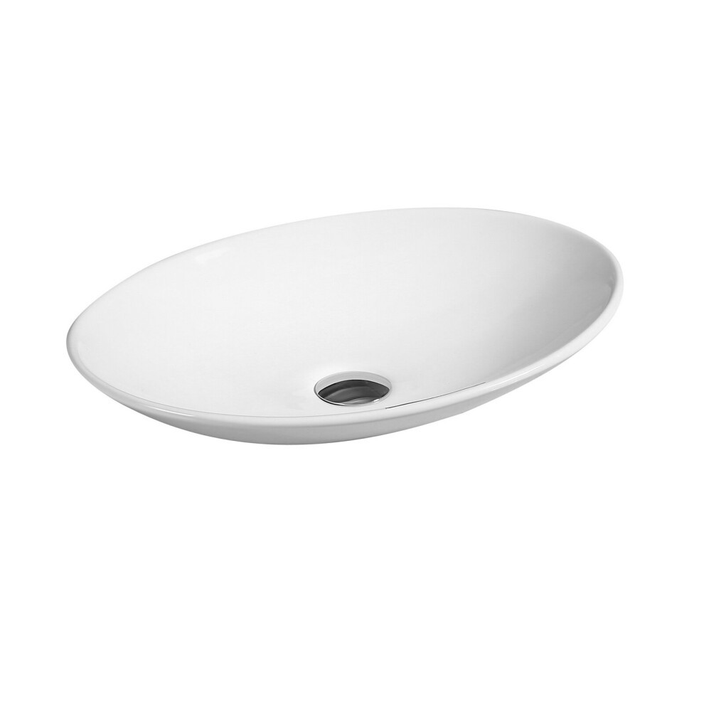 White ceramic oval countertop basin with a smooth, glossy finish and a central drain hole, designed for modern bathroom aesthetics.