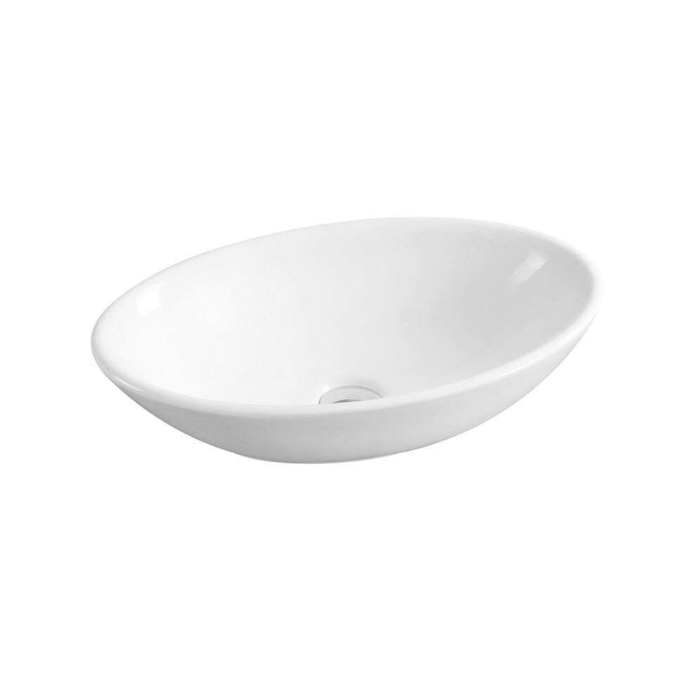 White ceramic oval countertop basin with a smooth, glossy finish and a central drain hole, designed for modern bathroom aesthetics.
