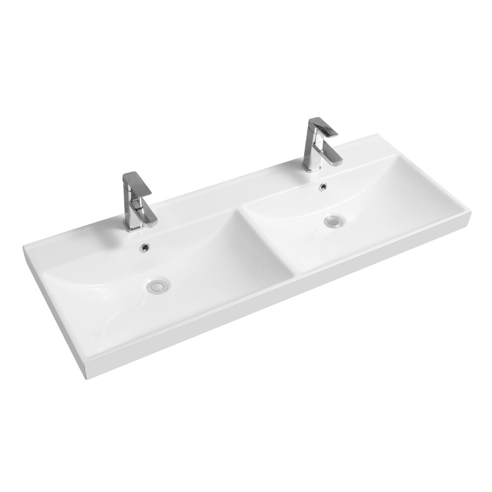 White ceramic double basin with a thick edge, featuring two scooped sinks and modern chrome faucets, designed for inset installation.